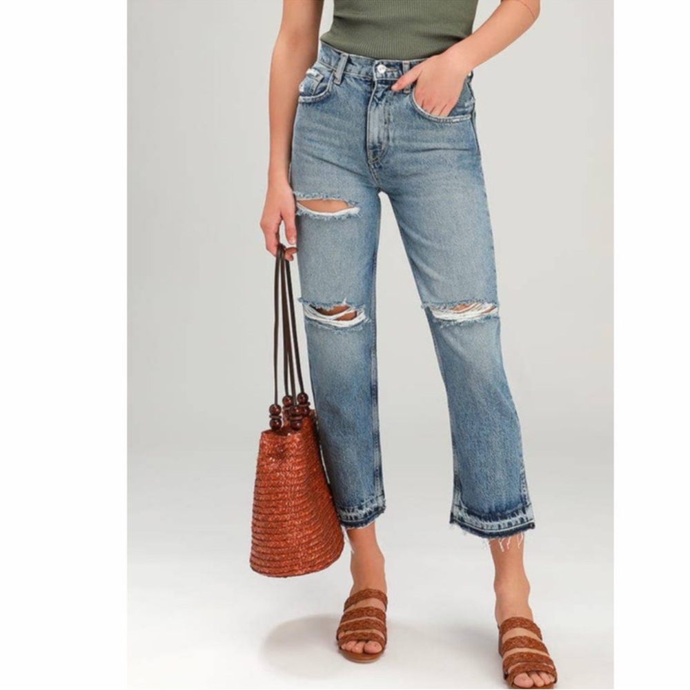 Free People LITA Light Wash Distressed High-Waisted Straight Leg Jeans size 26 - Picture 2 of 7